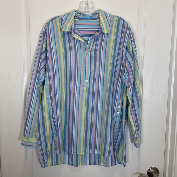 J. McLaughlin Tops - J. McLaughlin Fallon Tunic Blouse Candy Striped Linen Cotton Blue Pink L